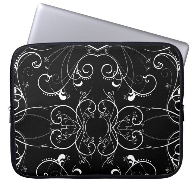 Delicate Floral Repeating Pattern in White on Blac Laptop Sleeve (Front)
