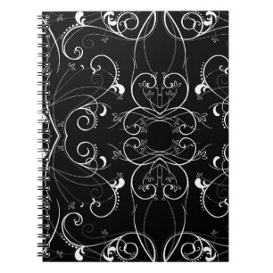 Delicate Floral Repeating Pattern in White on Blac Spiral Notebook
