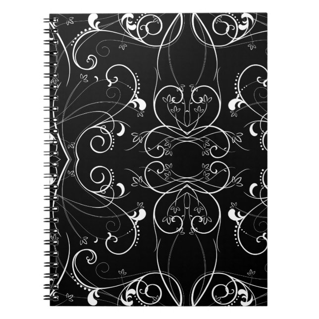 Delicate Floral Repeating Pattern in White on Blac Spiral Notebook (Front)