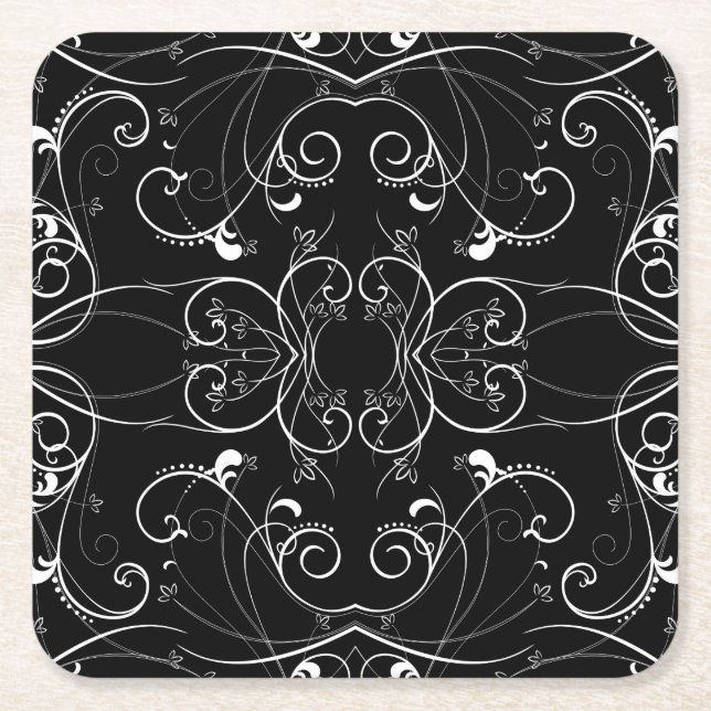 Delicate Floral Repeating Pattern in White on Blac Square Paper Coaster (Front)