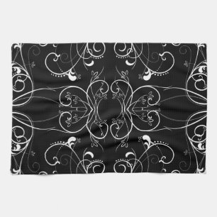 Delicate Floral Repeating Pattern in White on Blac Tea Towel