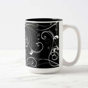 Delicate Floral Repeating Pattern in White on Blac Two-Tone Coffee Mug