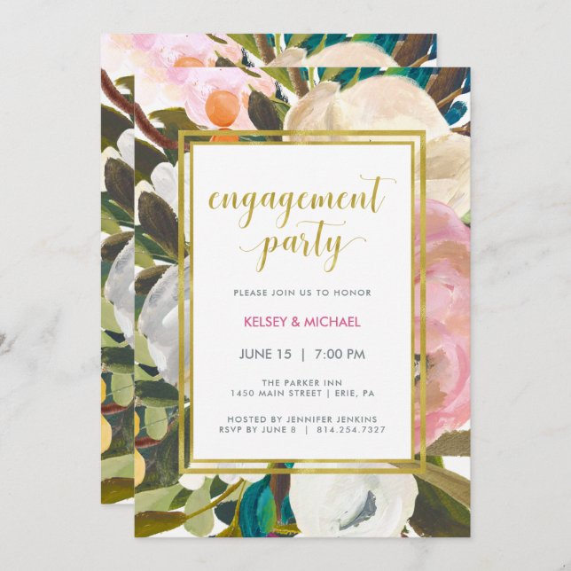 Delicate Floral Watercolor Engagement Party Invitation (Front/Back)