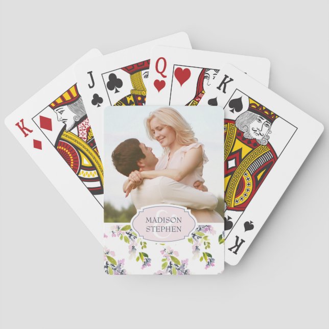 Delicate Floral Watercolor - Wedding Photo Playing Cards (Back)