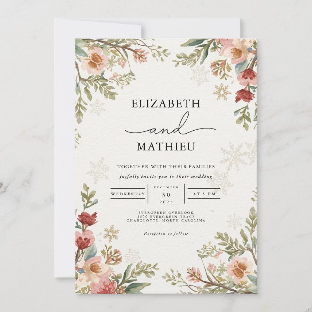 Delicate Floral Winter Wedding Invitation (Front)