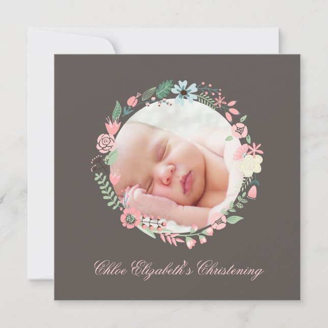 Delicate Floral Wreath Christening Invitation (Front)