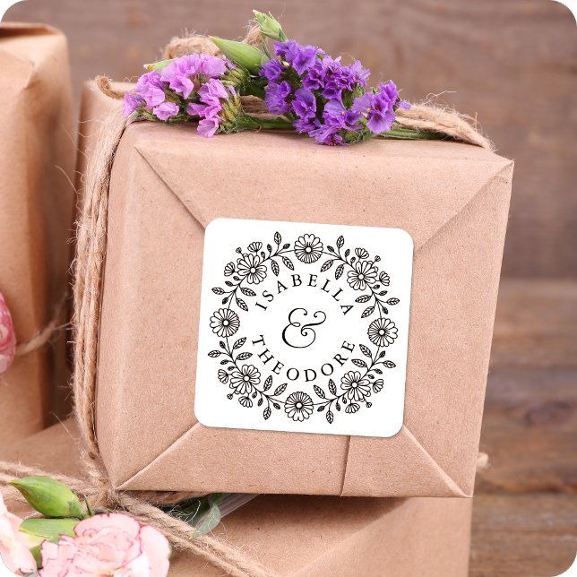 Delicate Floral Wreath Couple's Name Labels Custom (Creator Uploaded)