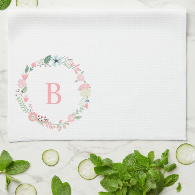 Delicate Floral Wreath Monogram Tea Towel (Folded)