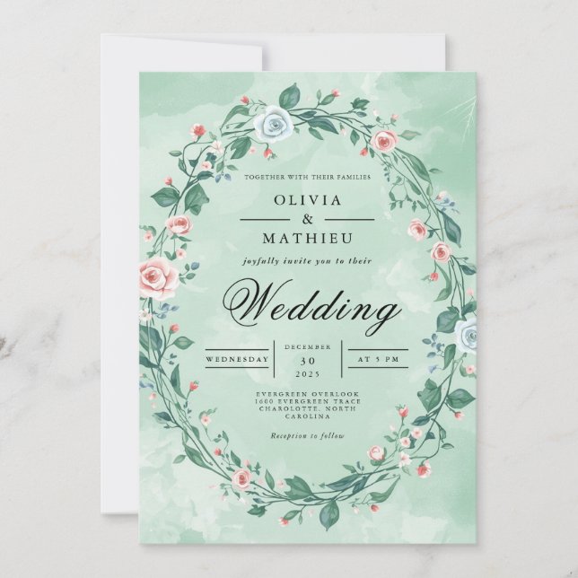 Delicate Floral Wreath Pastel Wedding Invitation (Front)