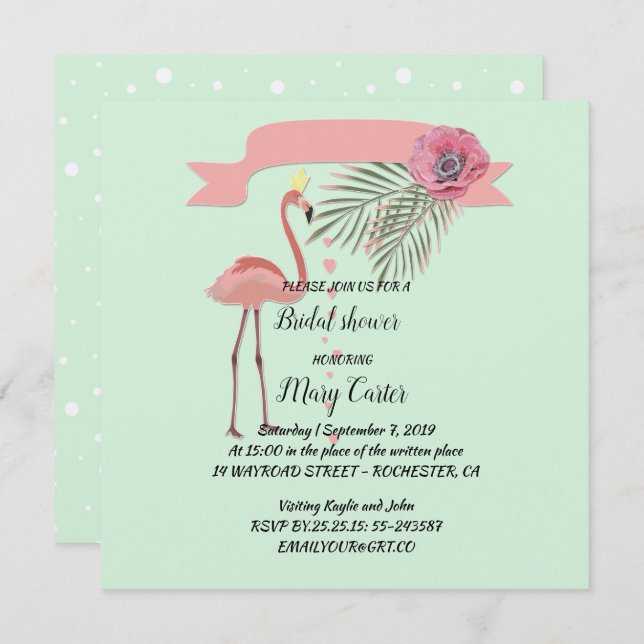 Delicate floral wreath,  pink  flamingos, invitation (Front/Back)