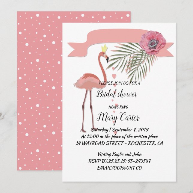 Delicate floral wreath,  pink  flamingos, invitation (Front/Back)