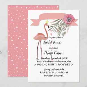 Delicate floral wreath, pink flamingos, invitation