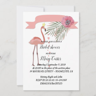 Delicate floral wreath,  pink  flamingos, invitation