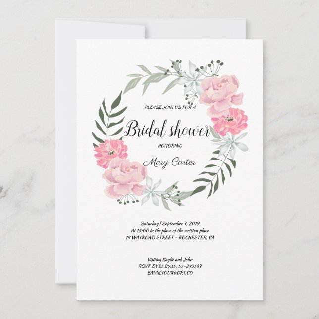 Delicate floral wreath, pink peonies invitation (Front)