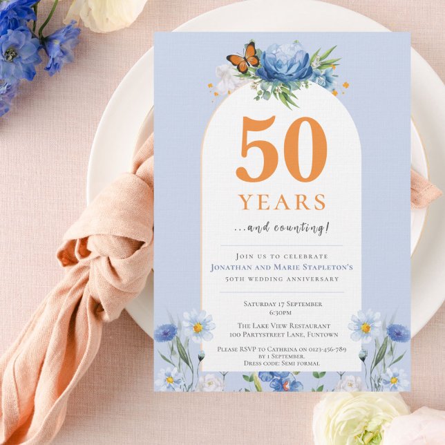 Delicate Florals blue orange Wedding Anniversary  Invitation (Creator Uploaded)
