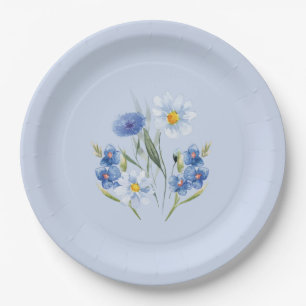Delicate Florals blue simple Wedding Anniversary  Paper Plate