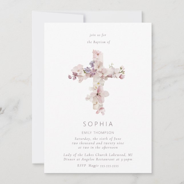 Delicate Flower Cross the Baptism Christening Invitation (Front)