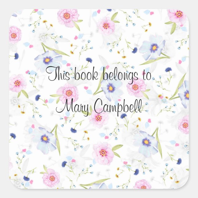 Delicate flower design on bookplate. Editable. Square Sticker (Front)