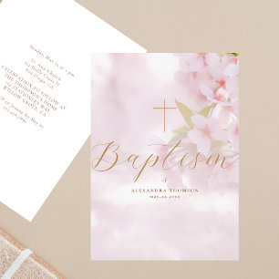 Delicate Flowers Gold Calligraphy Cross Baptism Invitation