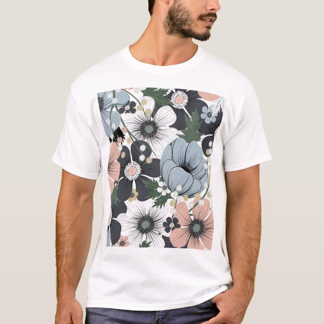Delicate flowers: hand-drawn seamless pattern. T-Shirt (Front)