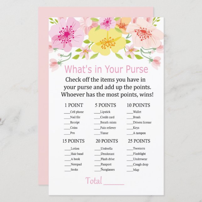 Delicate flowers What's in your purse game (Front/Back)