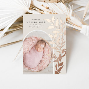 Delicate Foil Leaves Photo Birth Announcement