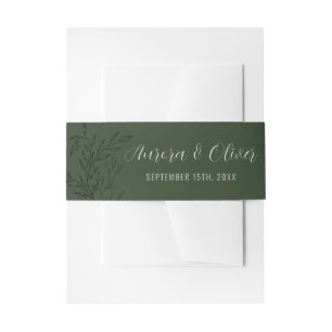 Delicate Foliage   Deep Sage Green   Names Wedding Invitation Belly Band