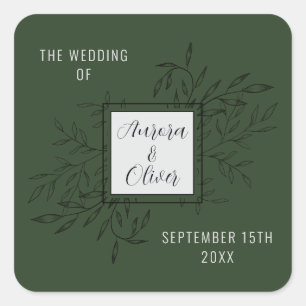 Delicate Foliage   Deep Sage   Wedding Invite Square Sticker