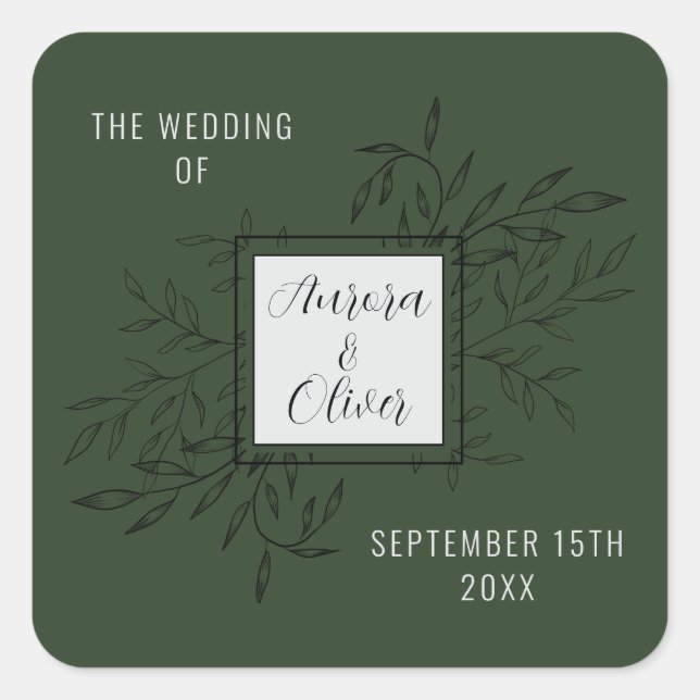Delicate Foliage | Deep Sage | Wedding Invite Square Sticker (Front)