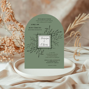 Delicate Foliage   Sage Green Arch Wedding Invite