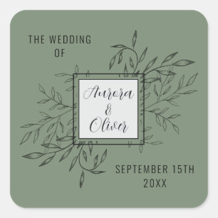 Delicate Foliage Sage Green Wedding Invite Square Sticker