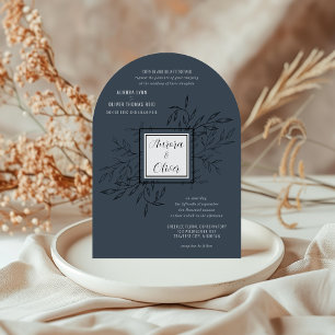 Delicate Foliage Steel Blue Arch Wedding Invite