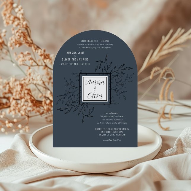 Delicate Foliage | Steel Blue Arch Wedding Invite (Creator Uploaded)
