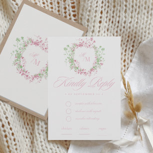  Delicate French Flora Crest Wedding RSVP Card