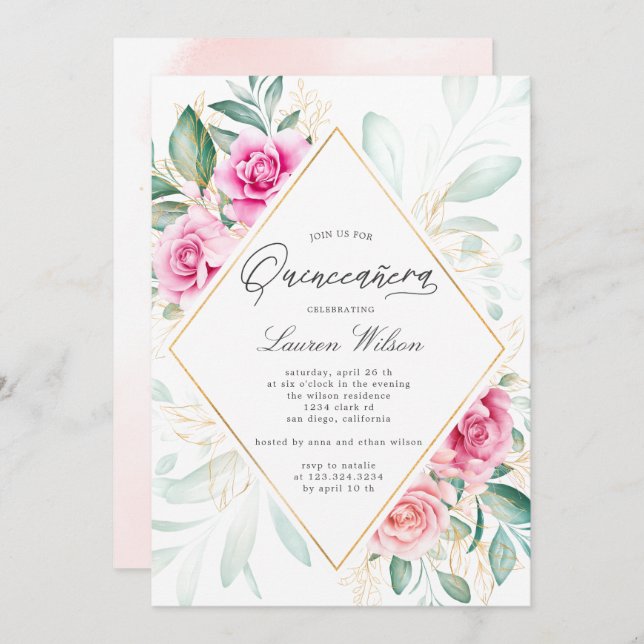 delicate garden floral pink roses Quinceanera Invitation (Front/Back)