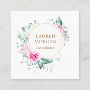 delicate garden floral pink roses square business card