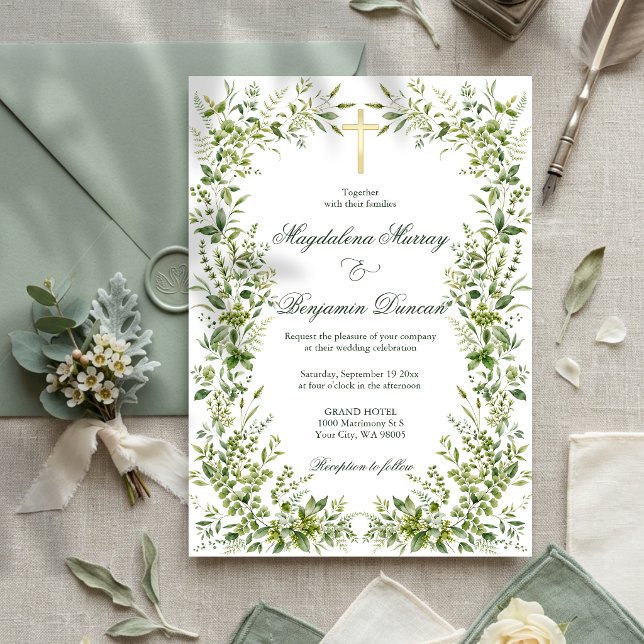Delicate Garden Greenery Christian Cross Wedding Invitation (Creator Uploaded)