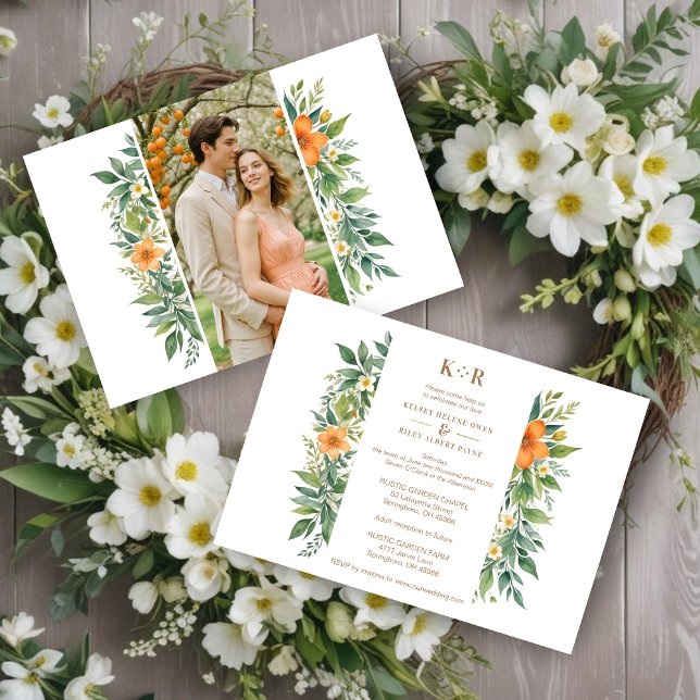 Delicate Garland Azahar Orange Blossoms & Greenery Invitation (Decorative and Delicate Garland Azahar Orange Blossom & Greenery Photo Wedding Invitations Cards.)