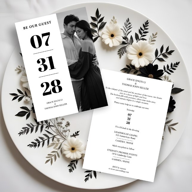 Delicate Glam Black & White Enchanting Minimal Invitation (Delicate Glam Simple Black & White Enchanting and Minimalist Photo Wedding Invitations Cards.)