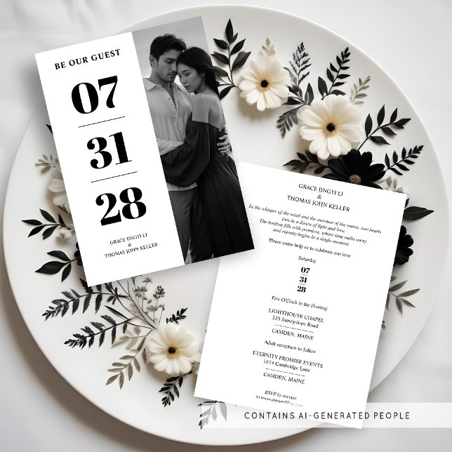Delicate Glam Black & White Minimal Photo Wedding  Invitation (Delicate Glam Simple Black & White Enchanting and Minimalist Photo Wedding Invitations Cards.)
