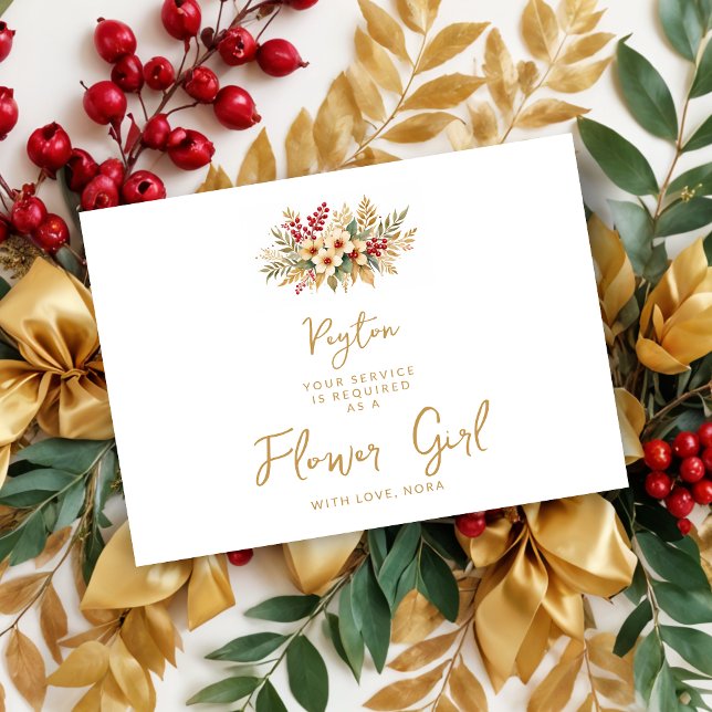 Delicate Glam Christmas Floral Gold Flower Girl (Delicate Glam Christmas Floral Bouquet in Faux Gold Flower Girl Wedding Proposals Cards. )