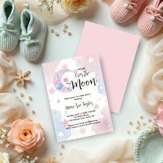 Delicate Glitter Crescent Moon Pink Baby Shower Invitation