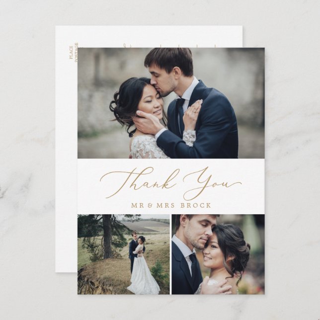 Delicate Gold 3 Photo Collage Thank You Postcard (Front/Back)