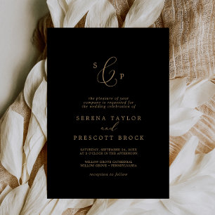 Delicate Gold and Black Formal Monogram Wedding Invitation