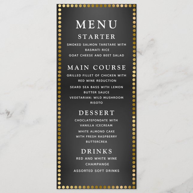 Delicate Gold and Black Wedding Dinner Menu (Front)