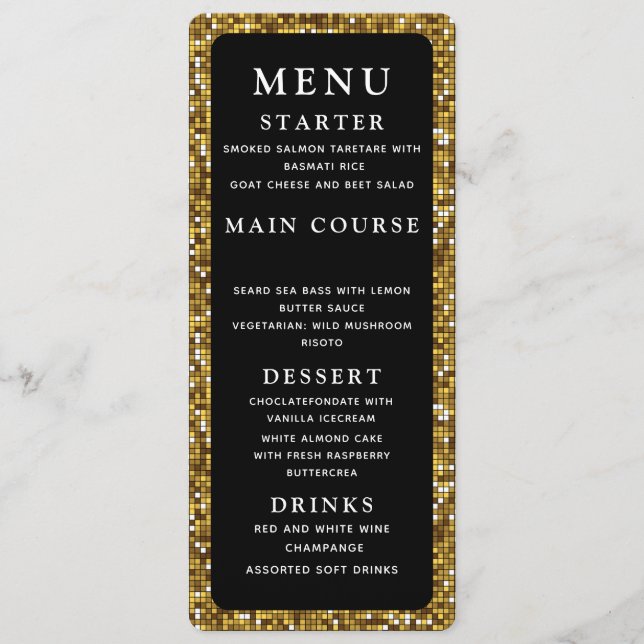 Delicate Gold and Black Wedding Dinner Menu (Front)