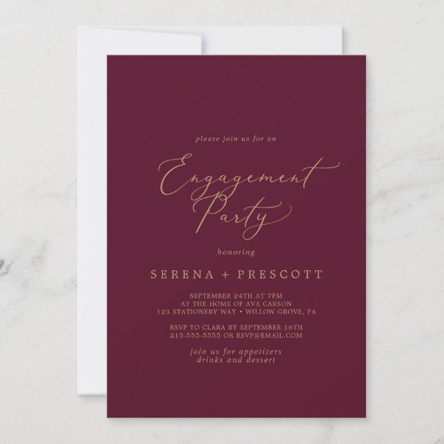Delicate Gold and Burgundy Engagement Party Invitation (Front)