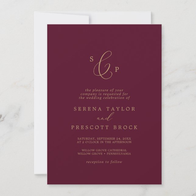 Delicate Gold and Burgundy Formal Monogram Wedding Invitation (Front)