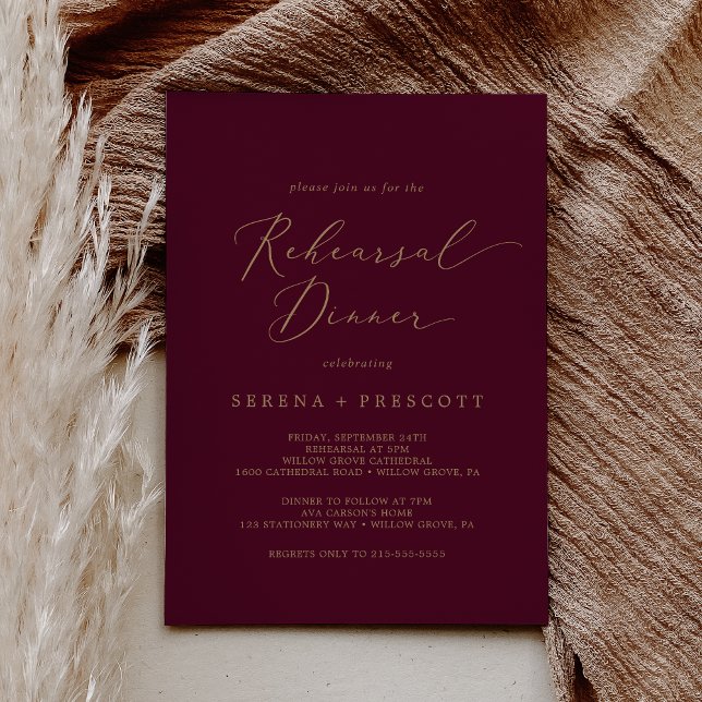 Delicate Gold and Burgundy Rehearsal Dinner Invitation (Creator Uploaded)