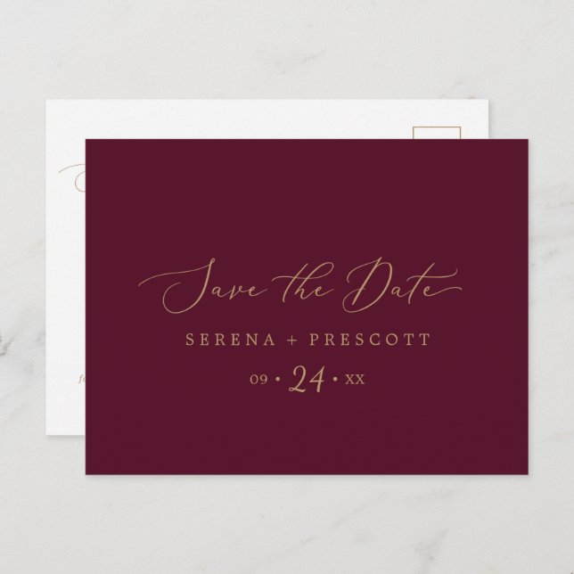 Delicate Gold and Burgundy Save the Date Postcard (Front/Back)